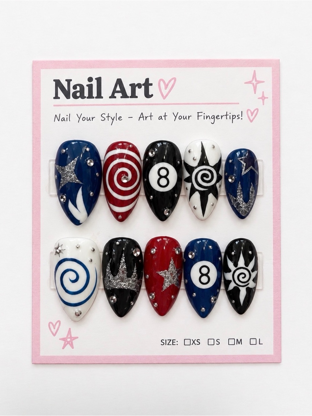 Nail Art Press-On Tips Set - Red, Blue, Black & White